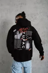 Erkek Ön Arka Baskılı Kapşonlu Sweat - Siyah