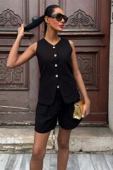 Gold Düğme Detaylı Yelek Şort Cotton Takım 10134-17