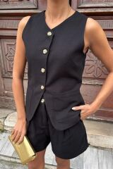 Gold Düğme Detaylı Yelek Şort Cotton Takım 10134-17