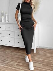 Kadın Yarı Balıkçı Yaka Yırtmaçlı Dalgıç Midi Elbise