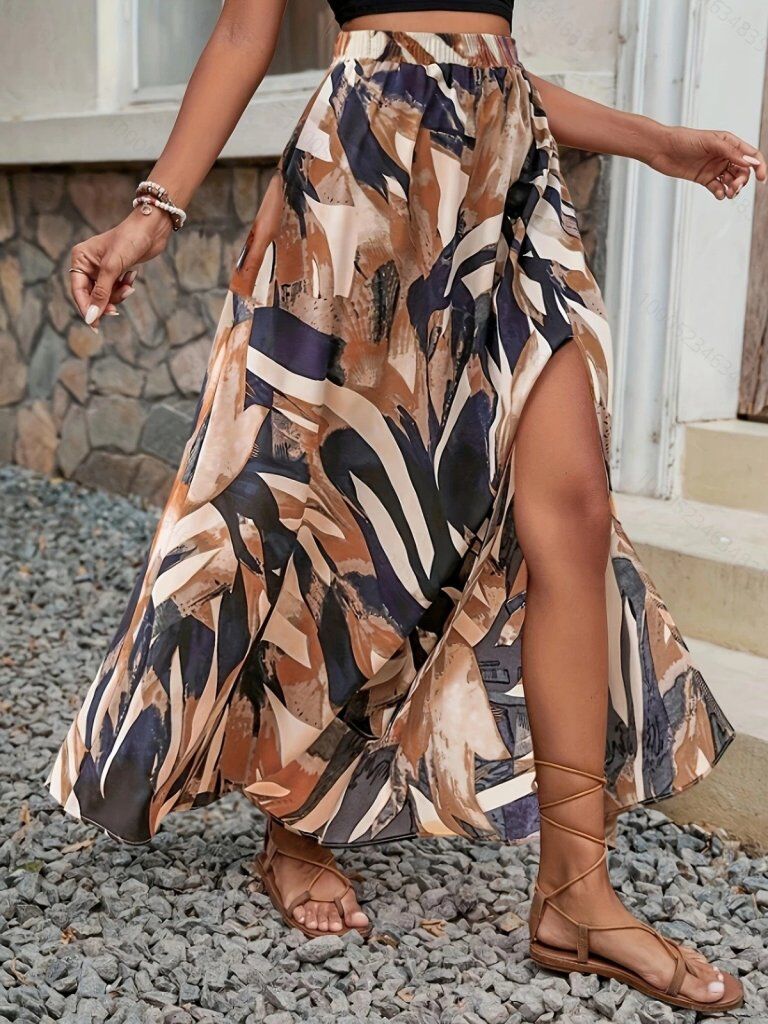 Kadın Beli Büzgülü Yandan Yırtmaçlı Desenli Süprem Etek