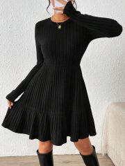 Kadın Uzun Kollu Bisiklet Yaka Kemersiz Eteği Pileli şardonlu Kaşkorse Elbise