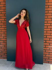 Kadın Kısa Kollu Derin V Yakalı A Kesim Pulpayet Detaylı şifon Nedime Elbisesi