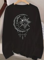 Kadın Uzun Kollu Bisiklet Yaka Ay Baskılı Viskon Bluz