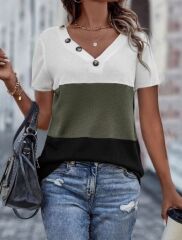 Kadın Kısa Kollu V Yakalı Düğmeli Waffle Bluz