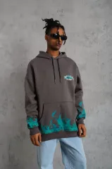 Erkek Üç İplik İçi Pamuklu Alev Baskılı Kapüşonlu Sweatshirt - Gri