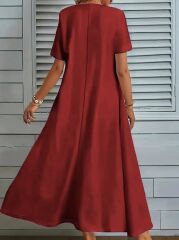 Kadın Kısa Kollu V Yakalı Cep Detaylı Uzun Janjan Krep Elbise