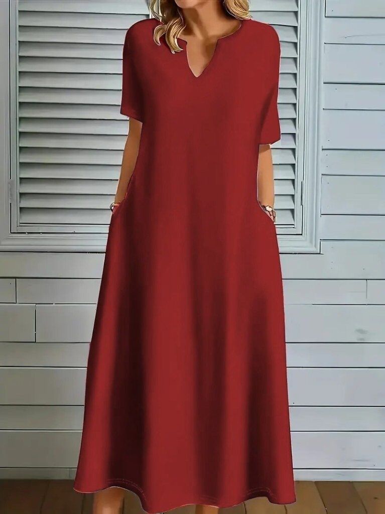 Kadın Kısa Kollu V Yakalı Cep Detaylı Uzun Janjan Krep Elbise