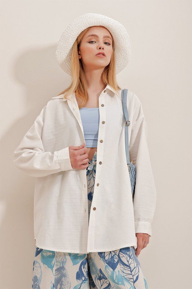 Kadın Keten Kumaş Oversize Gömlek