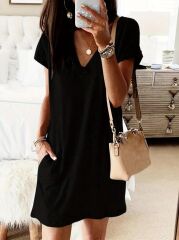 Kadın Kısa Kollu V Yakalı Cepli Kısa Viskon Elbise