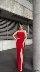 Kadın Ip Askılı Gipe Detay Maxi Boy Yırmaçlı Elbise