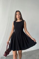 Siyah Mini Boy Büzgülü Keten Elbise