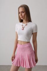 Beli Lastikli Mini Etek - Pembe