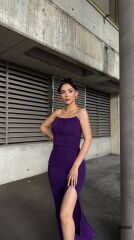 Kadın Ip Askılı Gipe Detay Maxi Boy Yırmaçlı Elbise