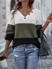 Kadın Uzun Kollu V Yakalı Düğmeli çok Renkli Waffle Bluz