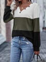 Kadın Uzun Kollu V Yakalı Düğmeli çok Renkli Waffle Bluz