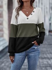 Kadın Uzun Kollu V Yakalı Düğmeli çok Renkli Waffle Bluz