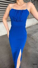 Kadın Ip Askılı Gipe Detay Maxi Boy Yırmaçlı Elbise