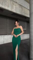 Kadın Ip Askılı Gipe Detay Maxi Boy Yırmaçlı Elbise