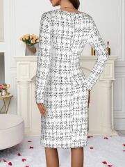 Kadın Uzun Kollu Bisiklet Yaka Desenli Dalgıç Kısa Elbise