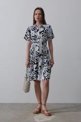 Baskılı Keten Elbise - Lacivert