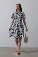 Baskılı Keten Elbise - Lacivert