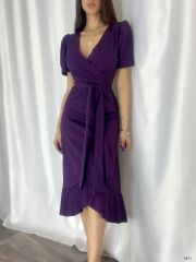 Kadın Kruvaze Yaka Midi Boy Kuşaklı Krep Elbise 120 Cm