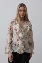 Volanlı Çiçek Desen Şifon Gömlek - Krem