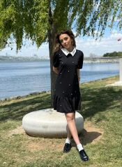 Kadın Kısa Kollu Yakalı Inci Detaylı Kısa Ithal Krep Elbise