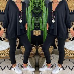 Kadın Uzun Kollu Derin V Yaka ön Kısa Arka Uzun Viskon Bluz