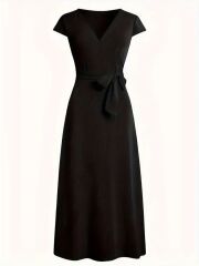 Kadın Kısa Kollu V Yakalı Belden Kuşaklı Maksi Boy Viskon Elbise