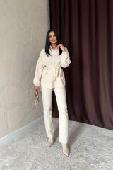 Bej Petek Jakar Kumaşlı Gömlek