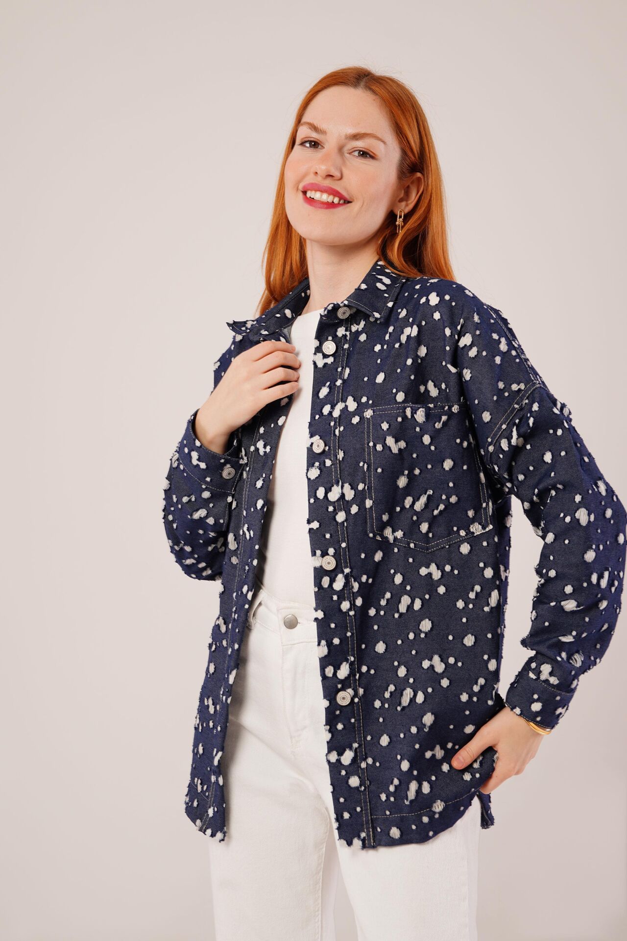 Eskitme Görünümlü Denim Mavi Gömlek