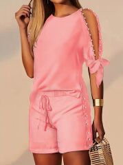 Kadın Kısa Kollu Bisiklet Yaka Yarı Açık Omuz Inci Detaylı Short T-shirt Viskon Ikili Takım