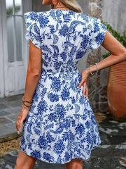 Kadın Kısa Fırfır Kollu Kruvaze Yaka çiçekli Atlas Elbise