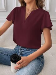 Kadın Kısa Kollu Kelebek Kollu V Yakalı Sandy Bluz