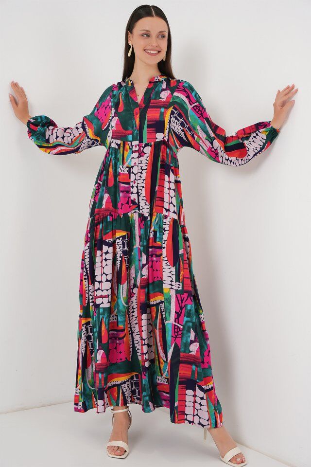 2423 Otantik Desenli Tesettür Elbise - ÇOK RENKLİ 2