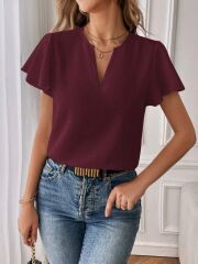 Kadın Kısa Kollu Kelebek Kollu V Yakalı Sandy Bluz
