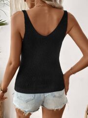 Kadın Kolsuz V Yaka Kalın Askılı Triko Bluz