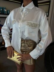 Yaka Ve Cep İnci Taşlı Saten Gömlek 3423