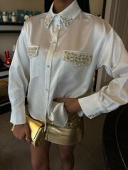 Yaka Ve Cep İnci Taşlı Saten Gömlek 3423