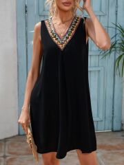 Kadın Sıfır Kol şerit Detaylı V Yaka Viskon Elbise