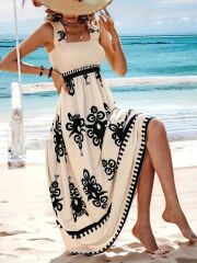 Kadın Askılı Kare Yaka Gipe Detaylı Desenli Suprem Elbise