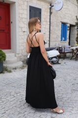 Kadın Sırttan çapraz Bağcıklı Yırtmaçlı Cepli Viskon Elbise