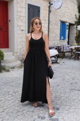 Kadın Sırttan çapraz Bağcıklı Yırtmaçlı Cepli Viskon Elbise