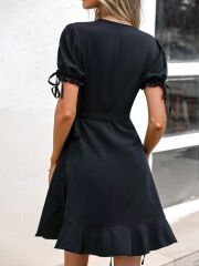 Kadın Kısa Kollu Kruvaze Yakalı Yandan Bağlamalı Janjan Krep Elbise