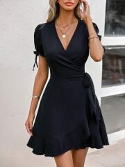 Kadın Kısa Kollu Kruvaze Yakalı Yandan Bağlamalı Janjan Krep Elbise