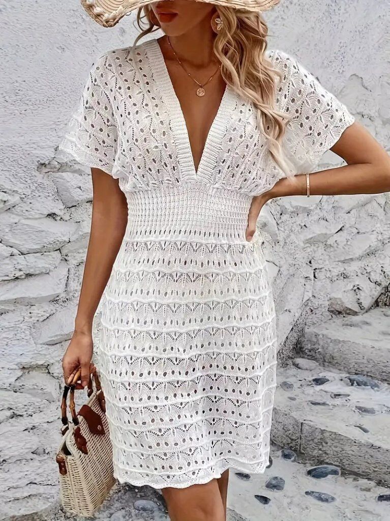 Kadın Kısa Kollu V Yakalı örme Triko Elbise