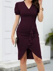 Kadın Kısa Kollu V Yakalı önden Fırfırlı Ithal Krep Elbise