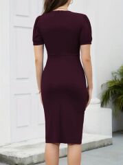 Kadın Kısa Kollu V Yakalı önden Fırfırlı Ithal Krep Elbise